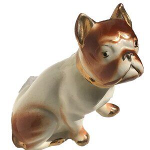 Vtg Porcelain 6” Figurine Statue MCM Bulldog Boxer Brown Gold Trim Dog Decor